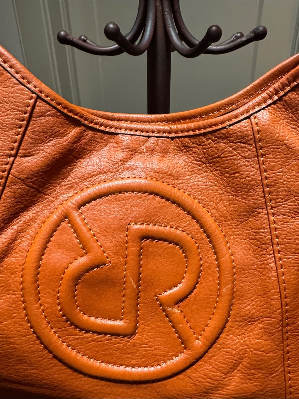 Burnt Orange Leather Shoulder Bag with Embossed Round Logo - Picture 4 of 12